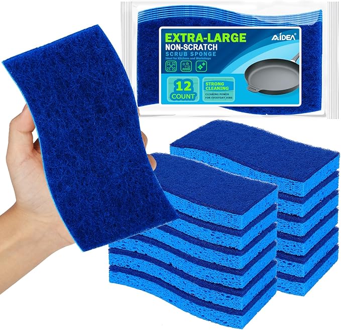AIDEA XL Scrub Sponges Non-Scratch 12Count, Extra Large Sponges Kitchen, Sponge for Dishes, Cleans Fast Without Scratching Safe for Non-Stick Cookware, Cleaning Power for Kitchen, House by AIDEAHOME