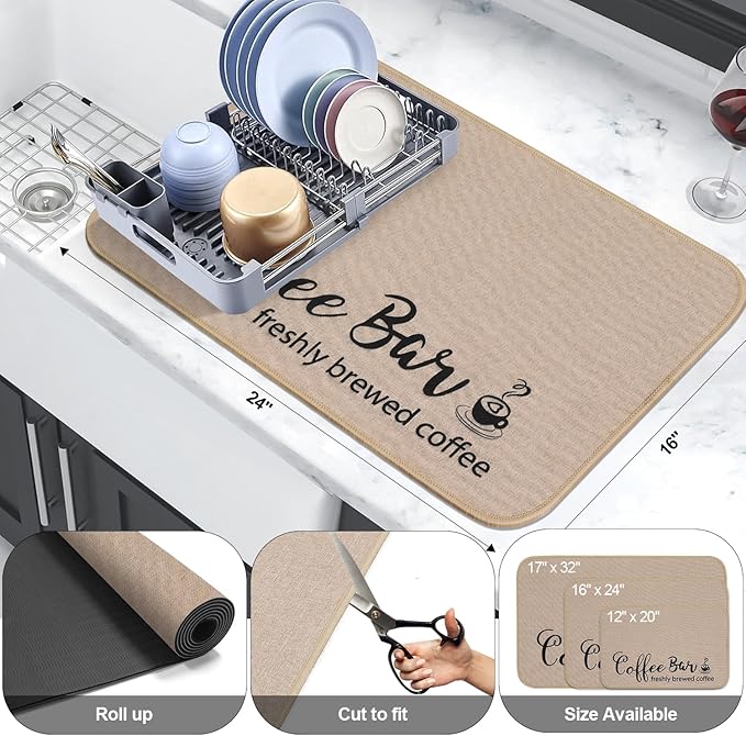 Findosom Dish Drying Mat, 16"x 24" Super Absorbent & Hide Stain Coffee Mat, Cuttable Drying Mat for Kitchen Counter, Coffee Bar Accessories, Under Dish Rack, Coffee Maker, Espresso Machine, Linen - Image 2