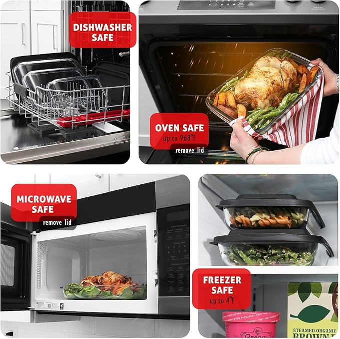 Nestl 8pc Glass Baking Dishes for Oven, Glass Food Storage Containers with Lids, Leakproof Casserole Dishes for Oven with Lid, Cooking, Microwave Oven Freezer Safe Bakeware, 9x13 Lasagna Pan Black - Image 3