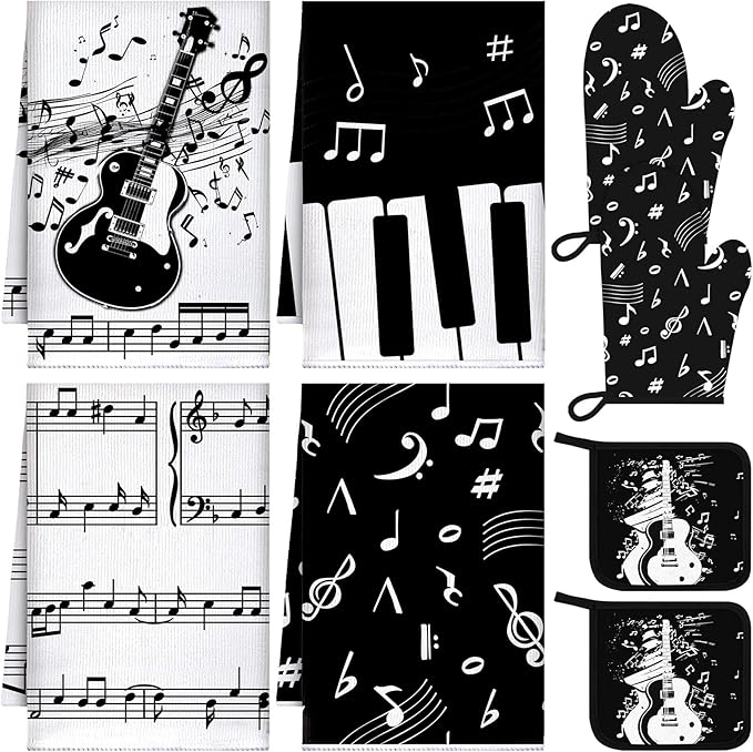 Leinuosen 8 Pcs Music Note Kitchen Decor Accessories Set Farmhouse Towels Oven Mitts Pot Holders Dishcloths Set Kitchen Decorative Absorbent Potholders for Chef Baking Cooking by Leinuosen
