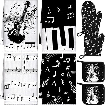 Leinuosen 8 Pcs Music Note Kitchen Decor Accessories Set Farmhouse Towels Oven Mitts Pot Holders Dishcloths Set Kitchen Decorative Absorbent Potholders for Chef Baking Cooking by Leinuosen