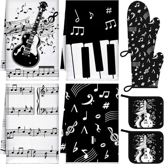 Leinuosen 8 Pcs Music Note Kitchen Decor Accessories Set Farmhouse Towels Oven Mitts Pot Holders Dishcloths Set Kitchen Decorative Absorbent Potholders for Chef Baking Cooking by Leinuosen
