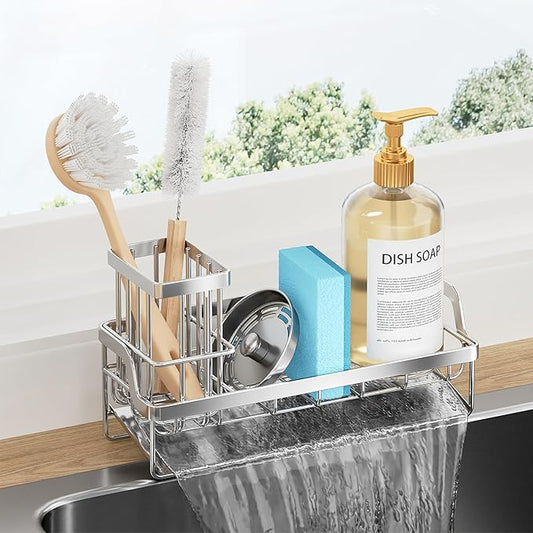 Consumest Sponge Holder for Kitchen Sink - Sink Caddy with Stainless Steel Self Drain Tray, Sink Organizer with High Brush Holder Countertop for Kitchen Sink Accessories, Silver by Consumest