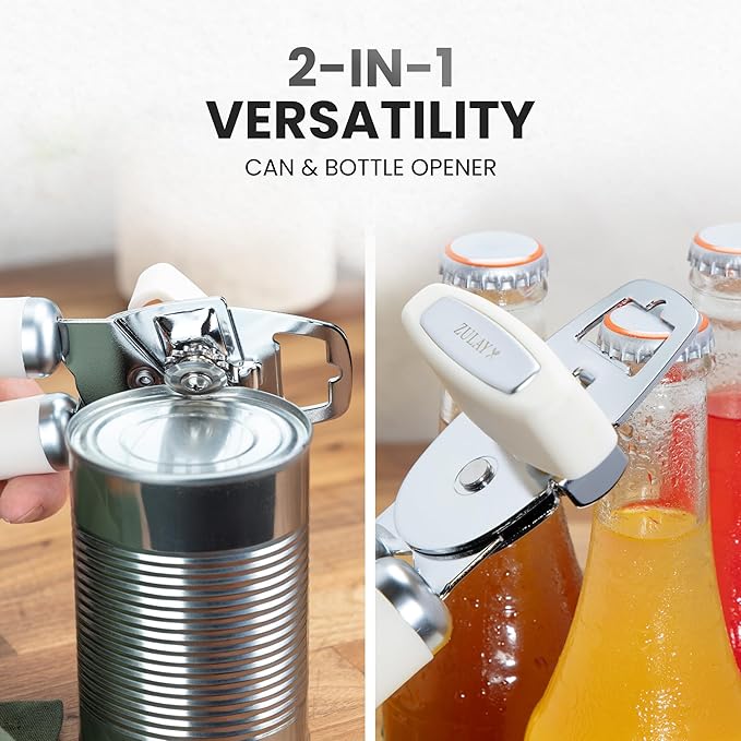 Zulay Kitchen Heavy Duty Stainless Steel Can Opener Manual with Bottle Opener - Rust Proof Manual Can Opener With Turn Knob & Comfy Soft Grip Handles - Cream - Image 7
