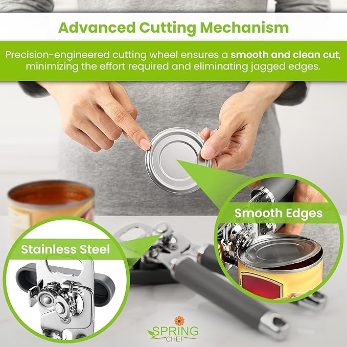 Spring Chef Stainless Steel Can Opener - Manual with Soft Grip Handles, Easy Turn, Heavy Duty Hand Can Openers for Seniors with Smooth Edge - Magnetic Lid Remover - Gray - Image 7