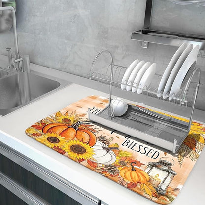 Giwawa Autumn Pumpkins Dish Drying Mat for Kitchen Countertop, Fall Sunflowers Thankful Grateful Blessed Dish Drainer Mats 18x24in, Thanksgiving Harvest Decorative Reversible Dish Drying Pad