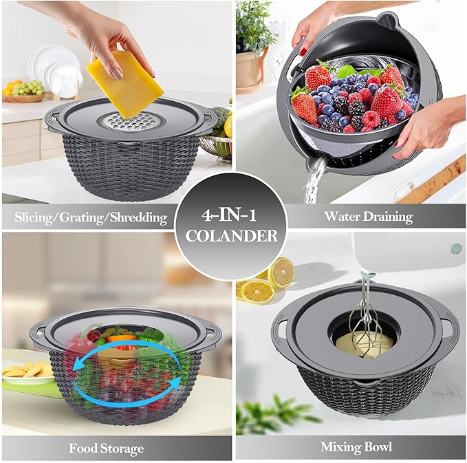 4-in-1 Colander with Bowl Set – Food Strainers and Colanders - Stainless Steel Rotatable Strainer for Fruits & Veggies – Pasta Strainer - Kitchen Essentials - Grey - Image 7