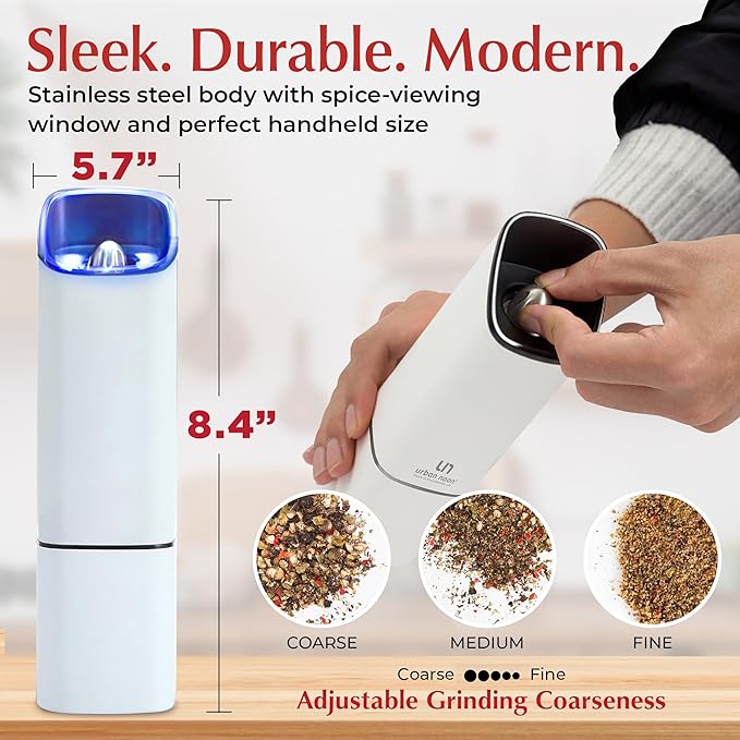 Automatic Salt and Pepper Grinder Set - Rechargeable Electric Salt and Pepper Shakers with Adjustable Coarseness, LED Light, One-Handed Use, Gravity Salt Grinder and Electric Pepper Mill - Image 5