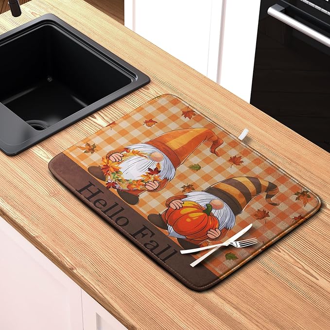 Hello Fall Autumn Gnomes Dish Drying Mat 18x24 Thanksgiving Pumpkin Maple Leaves Harvest Kitchen Drying Mat Orange White Buffalo Plaid Dish Drainer Mat Ultra Absorbent Dish Rack Pad for Coffee Bar - Image 6