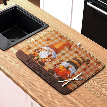 Hello Fall Autumn Gnomes Dish Drying Mat 16x18 Thanksgiving Pumpkin Maple Leaves Harvest Kitchen Drying Mat Orange White Buffalo Plaid Dish Drainer Mat Ultra Absorbent Dish Rack Pad for Coffee Bar - Image 6