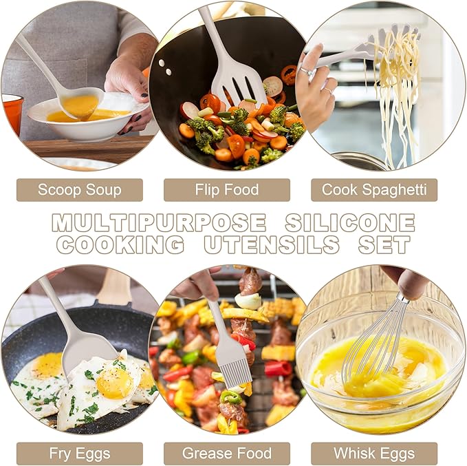 E-far Silicone Cooking Utensils Set, 24Pcs Heat Resistant Kitchen Utensil with Holder, Silicone Kitchen Tools with Spatula Turner Spoon Tongs Whisk, Non-Toxic & Dishwasher Safe (Khaki) - Image 3