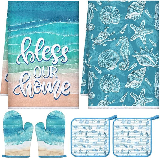 Leinuosen 6 Ocean Kitchen Towels Kitchen Decor and Accessories Set Floral Plant Oven Mitts and Pot Holders Sets Farmhouse Absorbent Dish Towels for Cooking Baking Grilling by Leinuosen