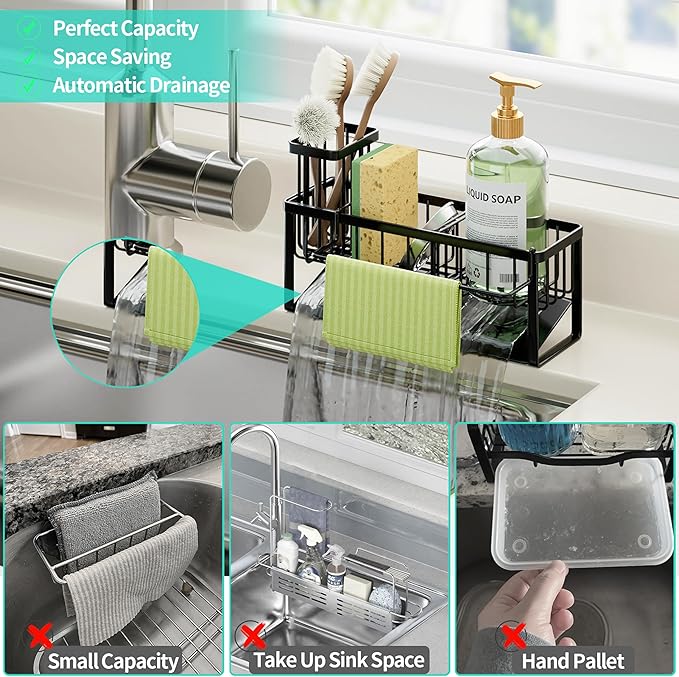 HapiRm Sponge Holder for Kitchen Sink - Self-draining Sink Caddy with Brush and Dishcloth Holders with Sloping Drainage - Black - Image 7