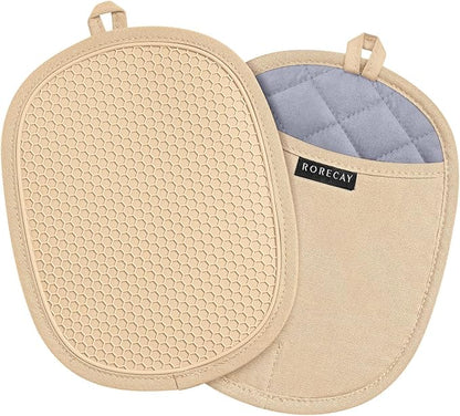 2-Pack Silicone Pot Holders for Kitchen Heat Resistant up to 500°F, Non-Slip Large Hot Pads with Pocket, Quilted Liner Trivets for Countertops Hot Pots and Pans (Milkshake) by Rorecay