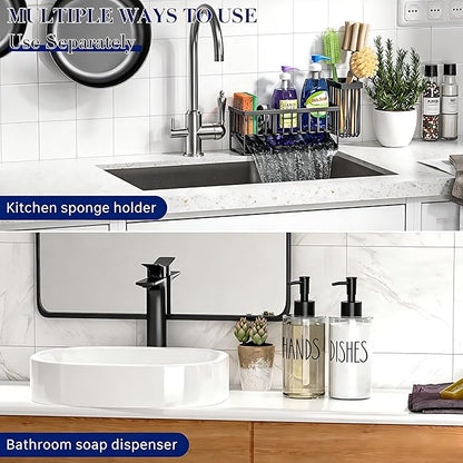 MASADI Kitchen Sink Caddy with Dish Soap Dispenser Set, 12OZ Glass Bottle, Hand and Dish Soap Dispenser Set, Non-Slip Silicone Pad, Brush Holder, Kitchen Sink Organizer Countertop (Black+Clear) - Image 4