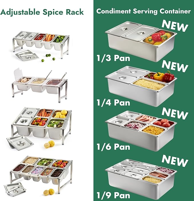 CURTA Expandable 18/8 Stainless Steel Spice Rack Set, NSF Certified, 1-Tier Inclined Organizer Shelf with 5 1/9 4“ Pan&Lid, 13.8" - 23.6" Adjustable, Countertop Holder for Seasoning Ingredients