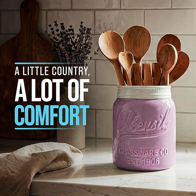 Comfify Wide Mouth Mason Jar Utensil Holder Decorative Kitchenware Organizer Crock, Dishwasher Safe - Kitchen Caddy Purple, Large Size 7" Hight - Image 8