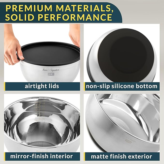 Baker's Signature Stainless Steel Mixing Bowls with Lids Set, 5 Sizes, 3 Graters, Non-Slip Base, Airtight Lids, Metal Mixing Bowls for Kitchen, Food Prep, Storage, 0.63QT-5QT, Black - Image 3