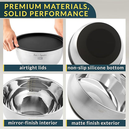 Baker's Signature Stainless Steel Mixing Bowls with Lids Set, 5 Sizes, 3 Graters, Non-Slip Base, Airtight Lids, Metal Mixing Bowls for Kitchen, Food Prep, Storage, 0.63QT-5QT, Black - Image 3