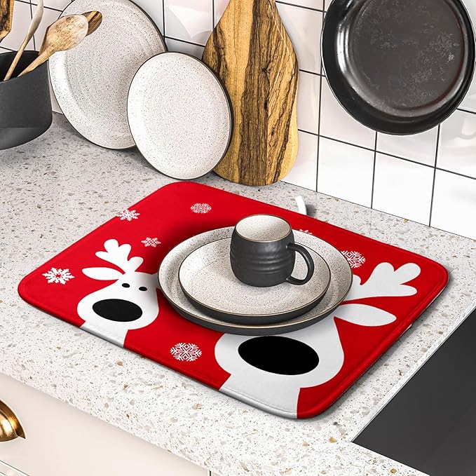 Xmas Dish Drying Mat for Kitchen Counter Cute Reindeer Holiday Snowflake Microfiber Absorbent Dish Draining Reusable Washable Foldable 16"x18" - Image 5