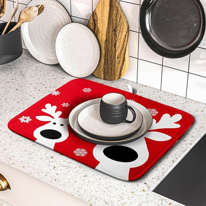 Xmas Dish Drying Mat for Kitchen Counter Cute Reindeer Holiday Snowflake Microfiber Absorbent Dish Draining Reusable Washable Foldable 16"x18" - Image 5