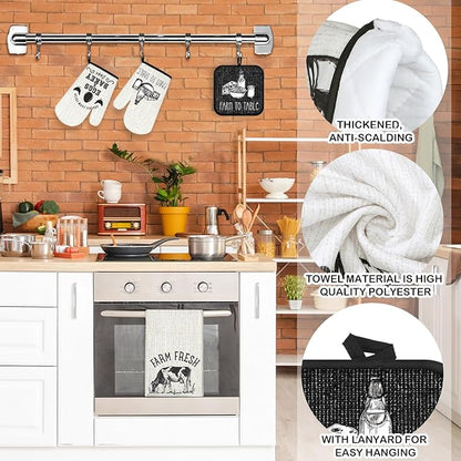 VitalCozy 8 Pcs Farm Animal Theme Kitchen Towels Pot Holders and Oven Mitt Set 4 Farmhouse Dish Towels 2 Rustic Square Potholders 2 Decorative Heat Resistant Glove for Cooking Baking Home Gifting