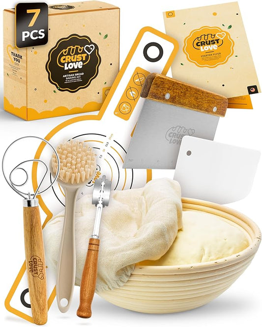 CRUSTLOVE Sourdough Kit inkl. 7 different Bread Making Tools like a 9 inches Sour dough Banneton Bread Proofing Basket - Bread Making Kit, Banneton-Basket, Sourdough-Starter-Kit-Supplies, Baking-Kit by CRUSTLOVE