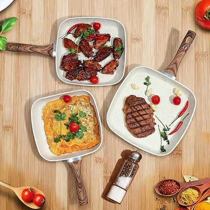 NEWBULIG 3-Piece Nonstick Grill Pan Set, Square Griddle Pans with Wooden Handles, Induction Cooktop Compatible, Nonstick Cookware for Steak, BBQ, Vegetables, Cream White (9.5", 10.2", 11")