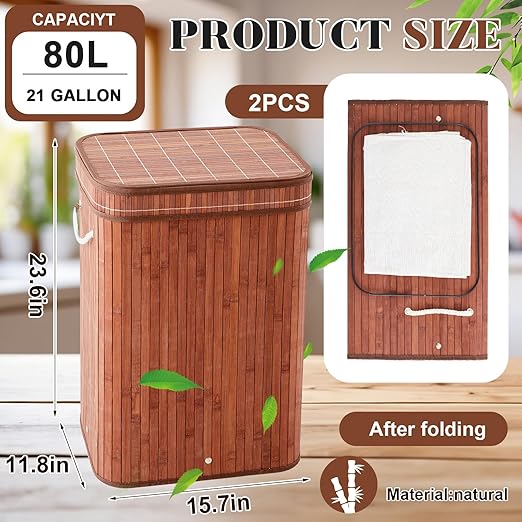 2 Pack 21 Gallon Bamboo Slim Trash Can with Lid Large Foldable Slim Rectangular Garbage Can Bamboo Waste Basket for Bathroom Bedroom Office Home Salon Spa (Coffee)