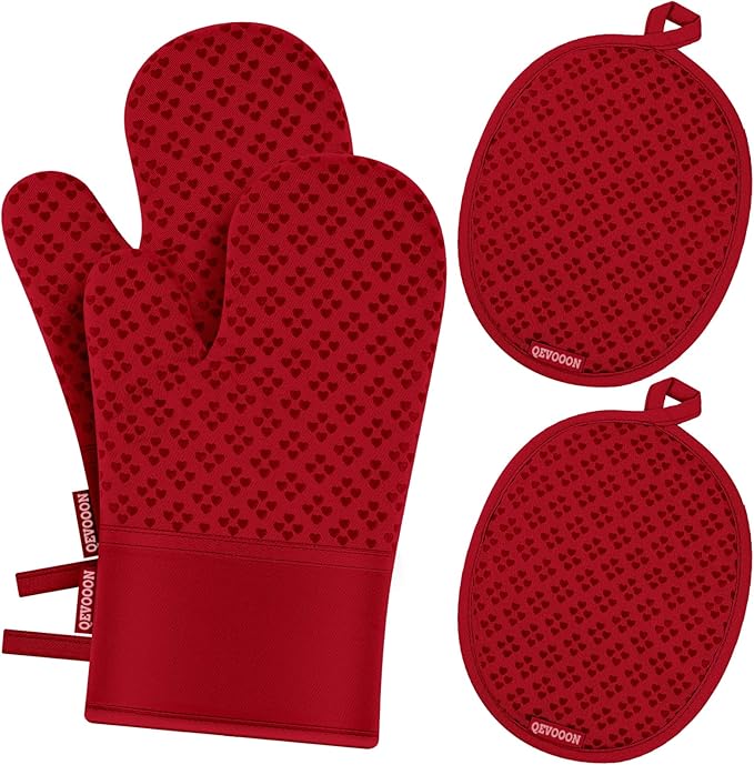 Oven Mitts and Pot Holders 4 Sets, Heat Resistant 500 ℉ Oven Mitt and Pot Holder,Oven Glove&Potholders with Non-Slip Silicone Surface,Kitchen Essentials for Cooking/Baking/BBQ-Red by QEVOOON