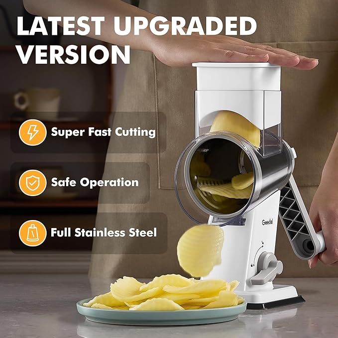 Geedel Rotary Cheese Grater - Upgraded Vegetable Shredder with 4 Interchangeable Blades, Easy to Clean Cheese Shredder with Handle, Kitchen Grater Nuts Grinder for Cutting Cheese, Vegetable, Nuts - Image 4