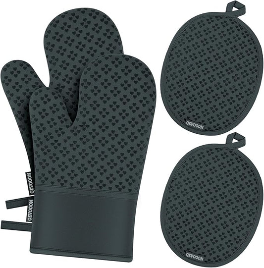 Oven Mitts and Pot Holders 4 Sets, Heat Resistant 500 ℉ Oven Mitt and Pot Holder,Oven Glove&Potholders with Non-Slip Silicone Surface,Kitchen Essentials for Cooking/Baking/BBQ-Deep Green by QEVOOON