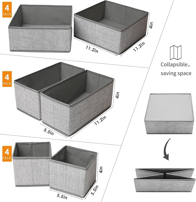 12 Pack Drawer Organizers for Clothing, Foldable Clothes Storage Box Closet Dresser Drawer Organizers Dividers, Bedroom Organization Fabric Bins for Baby Clothes Underwear Sock Bra Ties (Grey) - Image 2