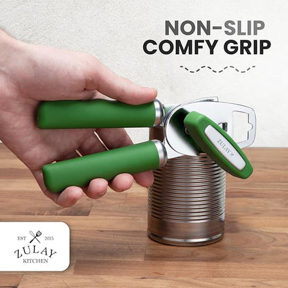 Zulay Kitchen Heavy Duty Stainless Steel Can Opener Manual with Bottle Opener - Rust Proof Manual Can Opener With Turn Knob & Comfy Soft Grip Handles - Artichoke Green - Image 5