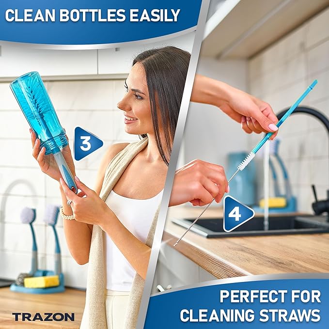 Dish Brush Set of 5 with Convenient Holder, Bottle Water Brush, Dish Scrub Brush, Scrubber Brush and Straw Brush - Kitchen Scrub Brushes Non Slip Long Handle for Sink Dishes Cup Pot - Image 4