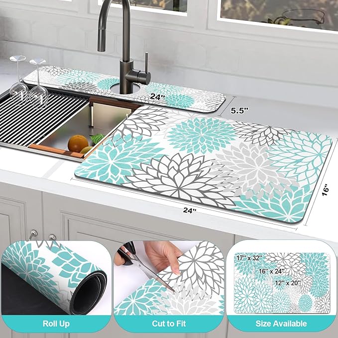 Findosom 2PCS 16" x 24" Dish Drying Mat & 24" x 5.5" Sink Splash Guard, Super Absorbent & Cuttable Dish Mat Drying Kitchen Mat with Teal Floral, Hide Stain Drying Mat for Kitchen Counter - Image 2