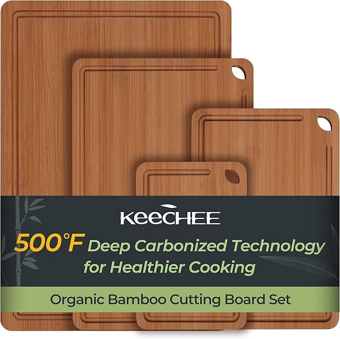 Keechee Wood Cutting Board, Carbonized Bamboo Cutting Boards Set With Smooth Surface & Easy Storage For Busy Kitchens, Ideal Charcuterie & Chopping, Durable, Knife-Friendly (4Pcs) by Keechee