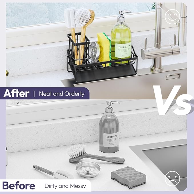 SWTYMIKI Sink Caddy Sponge Holder - Kitchen Sink Organizer with Stainless Steel Self Drain Tray & High Brush Holder for Countertop to Hold Dish Soaps and Sponges, Stainless Steel, Black - Image 6