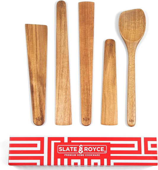 SLATE & ROYCE 5-Piece Acacia Wood Utensil Set, Non-Toxic Wooden Kitchen Tools with Tapered Edges, Heat-Resistant, For Non-Stick Frying Pan, Cast Iron Skillet, Flat Spatulas, Scraper & Spoon Set