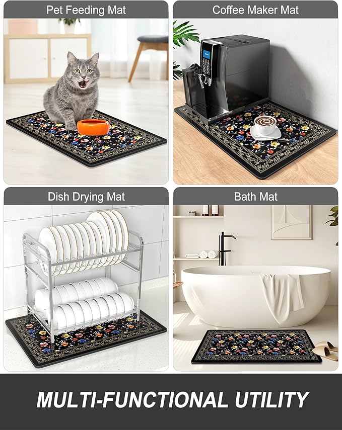 Rnivvi Dish Drying Mat for Kitchen Counter, 12 x 19" Cute Flower Theme Super Absorbent Draining Pad, Non-Slip Heat Resistant Coffee Bar Mat for Coffee Machine Station Accessories, Retro Dish Rack Pad - Image 7