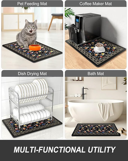 Rnivvi Dish Drying Mat for Kitchen Counter, 12 x 19" Cute Flower Theme Super Absorbent Draining Pad, Non-Slip Heat Resistant Coffee Bar Mat for Coffee Machine Station Accessories, Retro Dish Rack Pad - Image 7