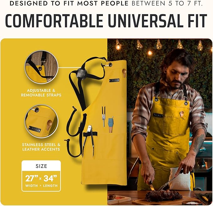 Asaya Chef and BBQ Apron with Bottle Opener and Hand Towel - 10oz Cotton Canvas, Stainless Steel Hardware - Cross Back Straps - Image 5
