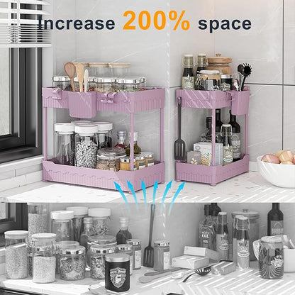 Sevenblue 2 Pack Under Sink Organizer, Under Bathroom Cabinet Organizer with Hooks Hanging Cup, Multi-Purpose Storage Shelf for Kitchen Bathroom (Pink, 14.8 Inch) - Image 2
