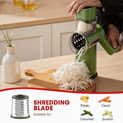 Rotary Cheese Grater Hand Crank with Foldable Handle, 3 Stainless Steel Blades, Perfect Graters for Kitchen, Manual Cheese Shredder Hand Crank with Suction Base, Rotary Grader, Green (Green)