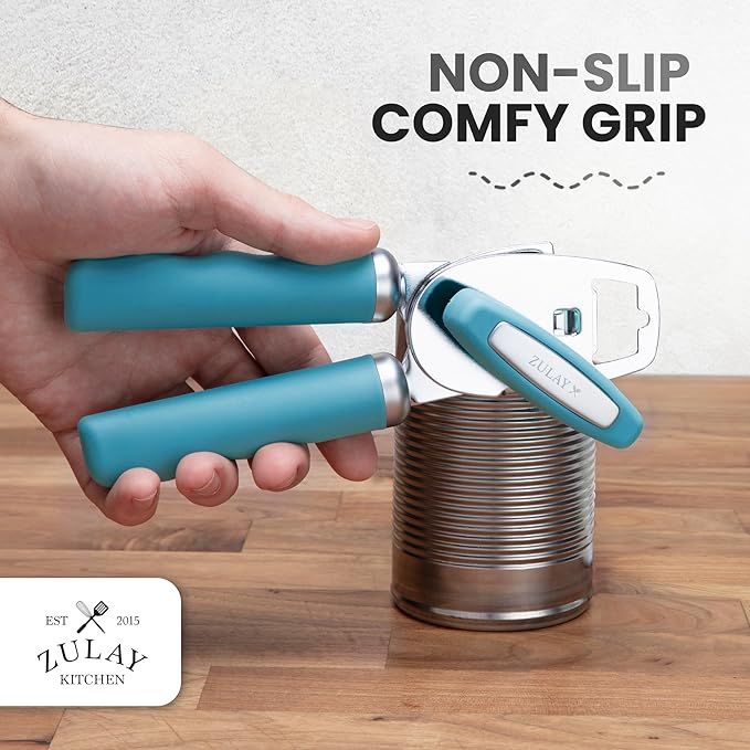 Zulay Kitchen Heavy Duty Stainless Steel Can Opener Manual with Bottle Opener - Rust Proof Manual Can Opener With Turn Knob & Comfy Soft Grip Handles - Dusty Blue - Image 5