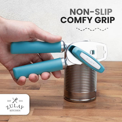 Zulay Kitchen Heavy Duty Stainless Steel Can Opener Manual with Bottle Opener - Rust Proof Manual Can Opener With Turn Knob & Comfy Soft Grip Handles - Dusty Blue - Image 5