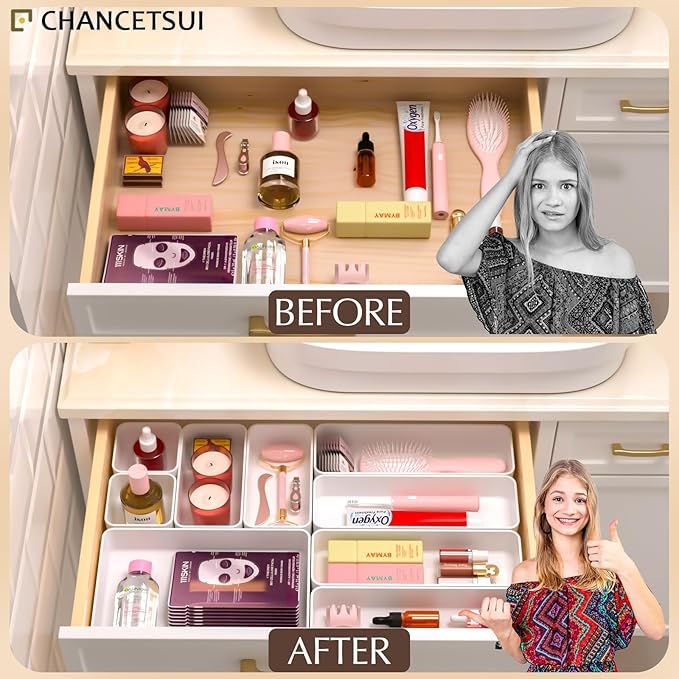 9 Pcs Stackable Drawer Organizer Trays Set, Multifunctional Stackable Storage Trays for Vanity, Bathroom, Kitchen, Desk Drawer Organizer Office. Plastic Drawer Organizers Available In 5 Colours, White - Image 6