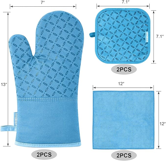 KEGOUU Oven Mitts and Pot Holders 6pcs Set, Kitchen Oven Glove High Heat Resistant 500 Degree Extra Long Oven Mitts and Potholder with Non-Slip Silicone Surface for Cooking (Sky Blue) - Image 2