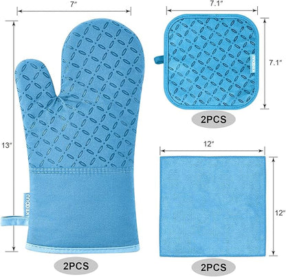 KEGOUU Oven Mitts and Pot Holders 6pcs Set, Kitchen Oven Glove High Heat Resistant 500 Degree Extra Long Oven Mitts and Potholder with Non-Slip Silicone Surface for Cooking (Sky Blue) - Image 2