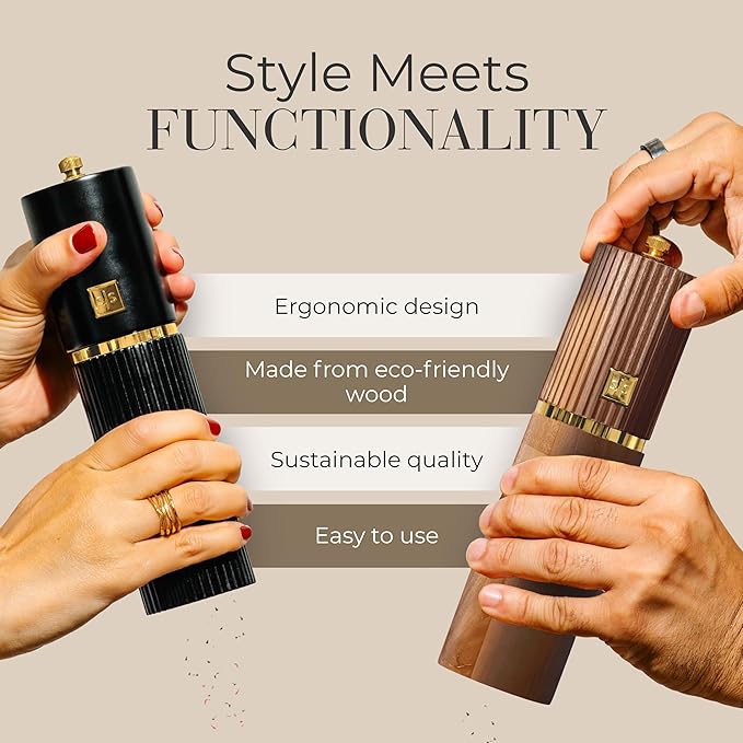Wooden Salt and Pepper Grinder Set – Refillable Manual Salt and Pepper Mills with Adjustable Ceramic Burrs, Gold Detailing, and Wood Stand – Black and Dark Wood - Image 6
